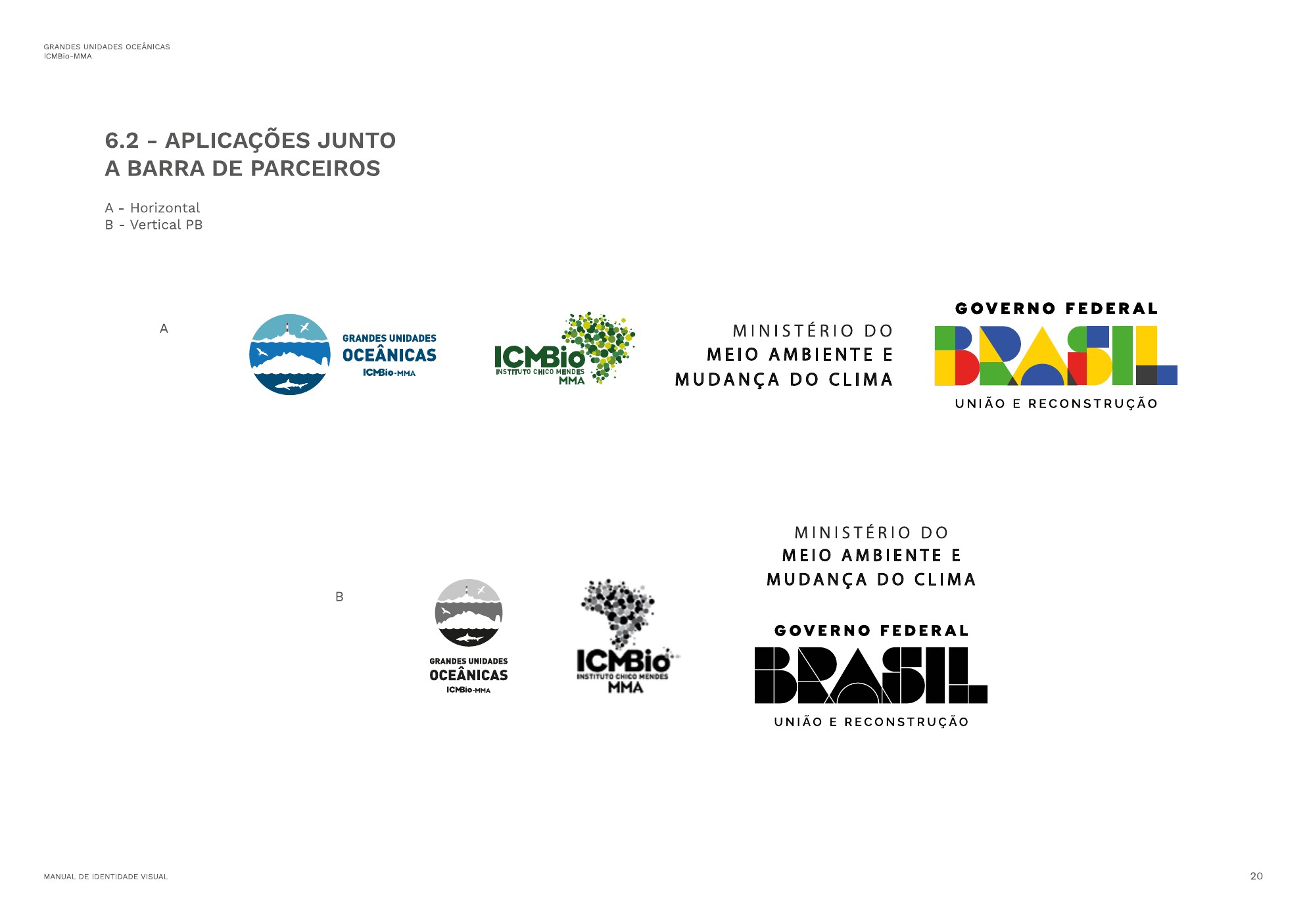 Barra de parceiros com a marca das Grandes Unidades Oceânicas, o ICMBio, o MMA e o Governo Federal