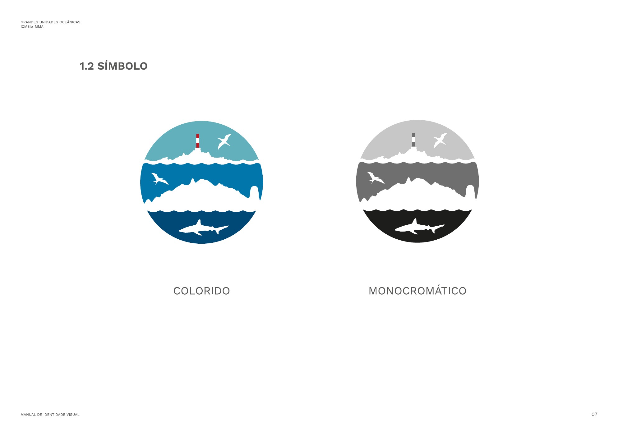 Página do manual de identidade visual com o símbolo das Grandes Unidades Oceânicas em versão colorida e monocromática